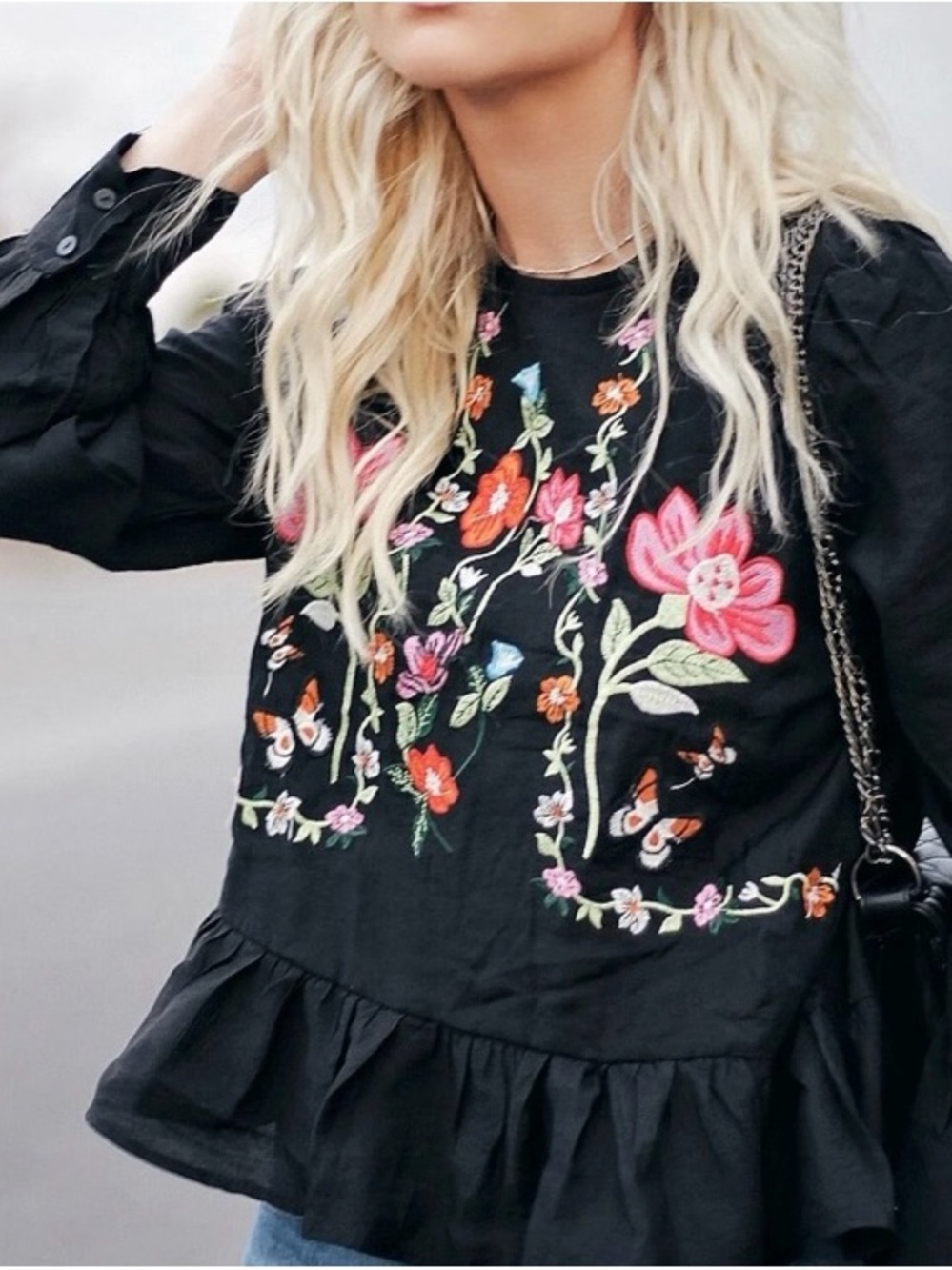 Zara Black Floral Cotton Silk Blend Embroidered Blouse